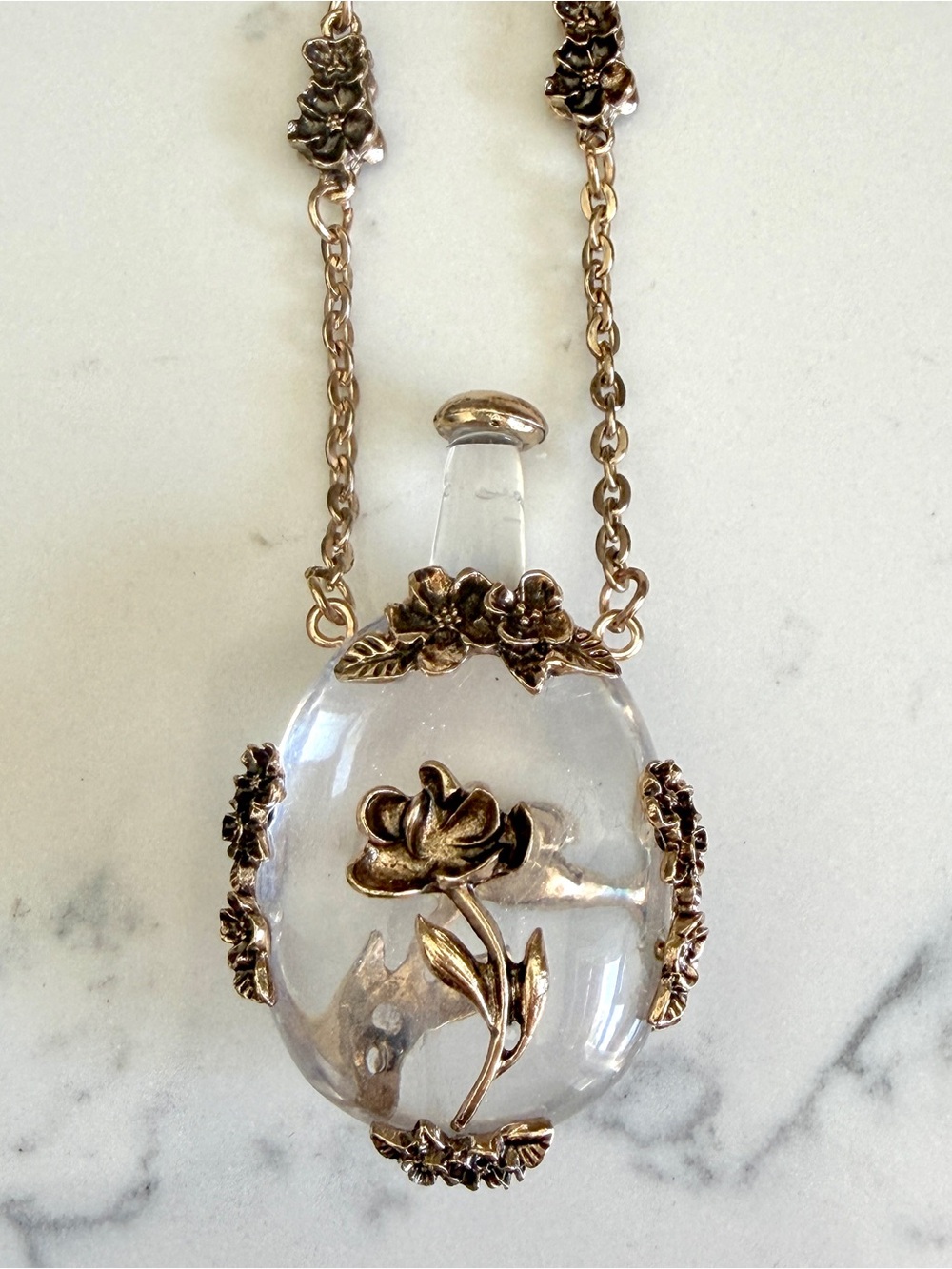 Apothecary Tiny Bottle Floral Motif Gold Necklace Long Jewelry Red Bead Gift NEW - Picture 6 of 12